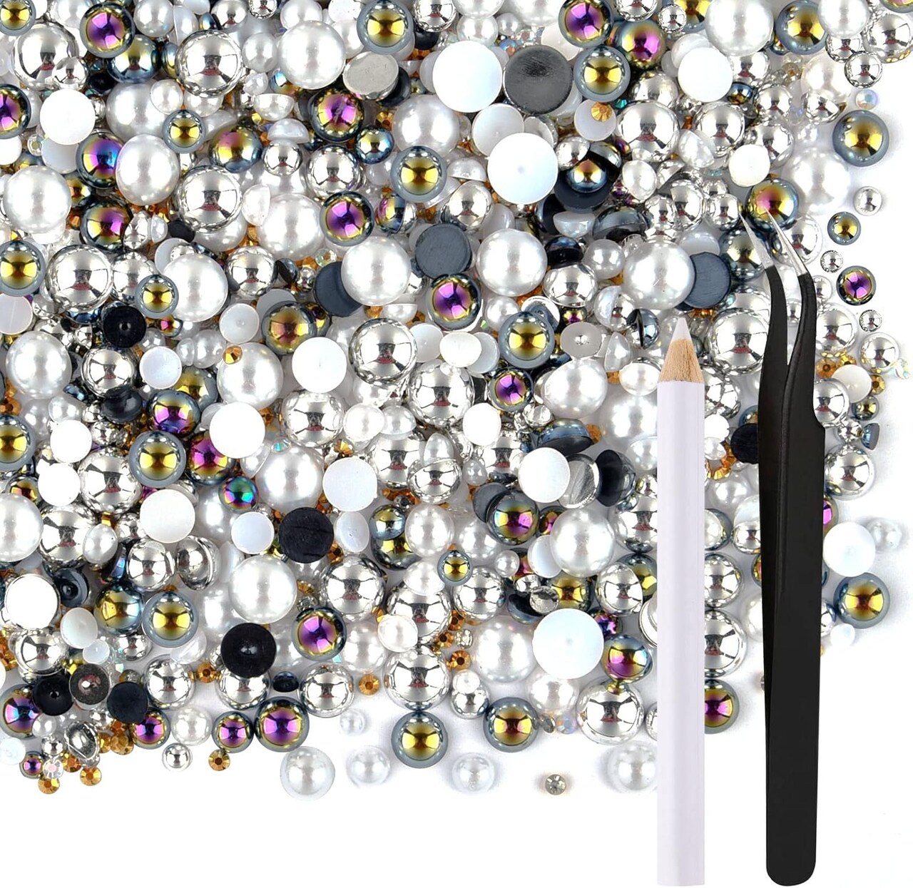 50g Mix Flatback Rhinestones Half Pearls for Crafts(Black White Series)